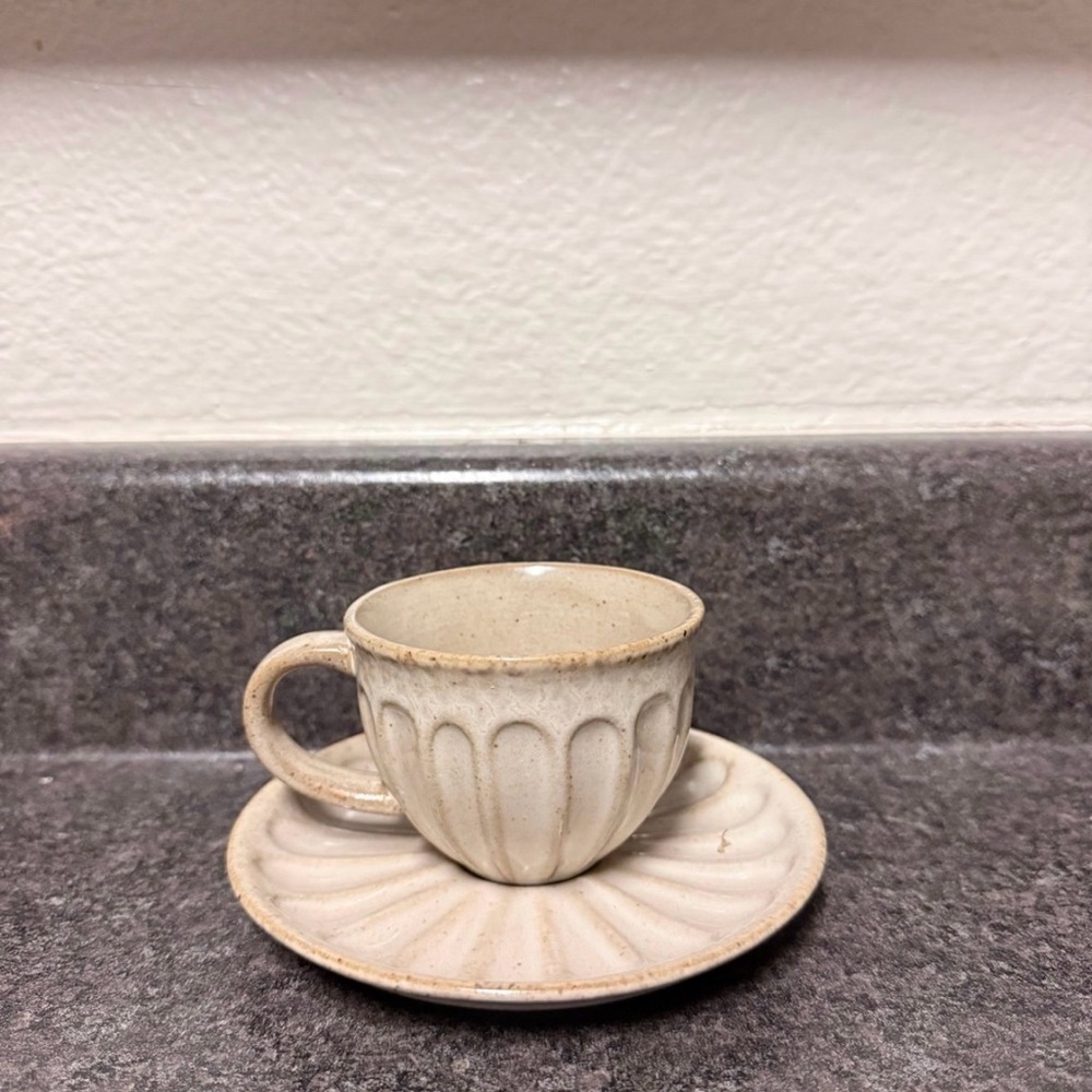 Hearth & Hand Cream Stoneware Teacup and Saucer Set